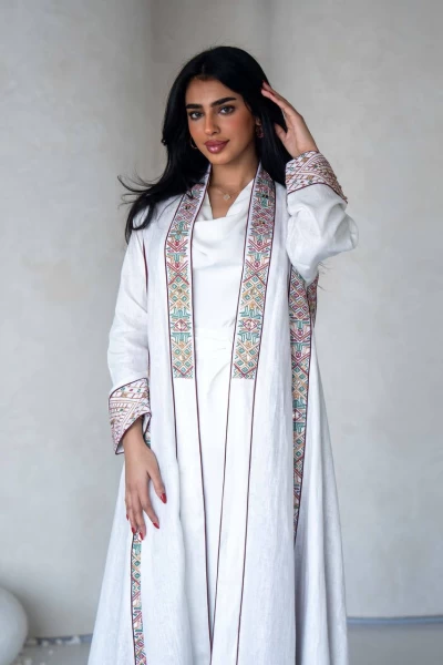 White Lenin Abaya with embroidery IB279 White